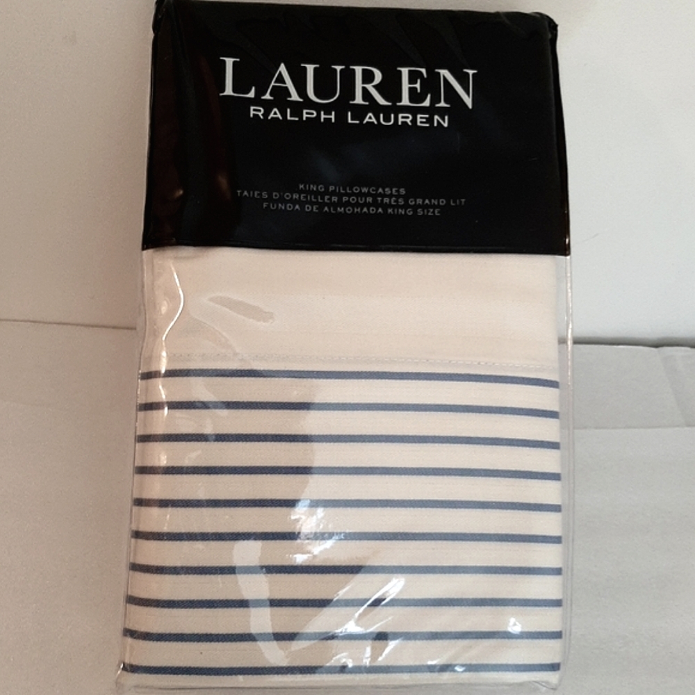 *Lauren Ralph Lauren Josephina Blue Stripe Cotton King Pillowcases MSRP $170